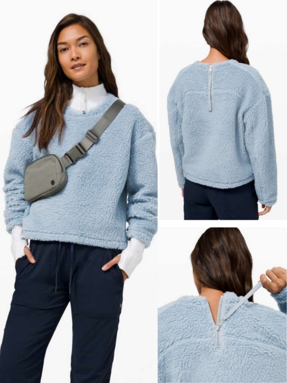 Lululemon Wool Blend Sherpa Fleece Whenever Boxy Crew Pullover Blue Chambray